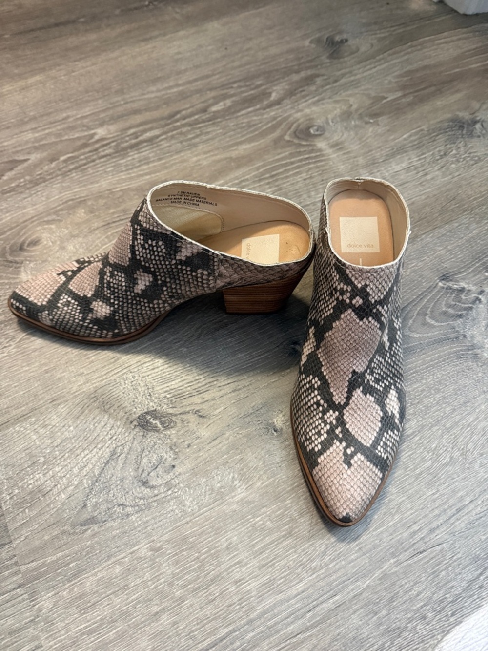 Dolce Vita Taupe and Black Snakeskin Pointed Mule Booties